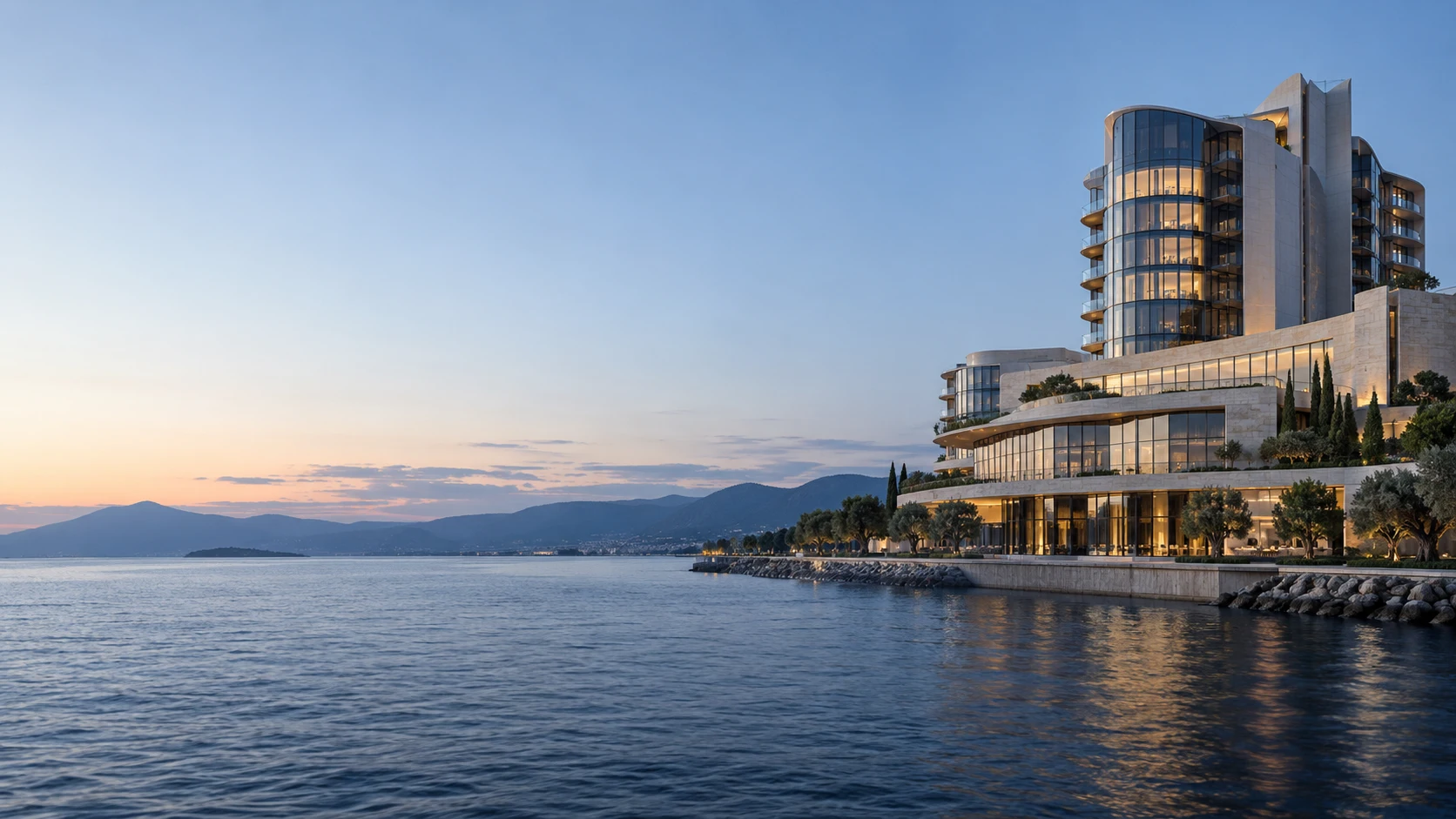 Illustrative waterfront hotel and commercial architecture